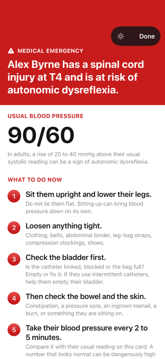 The card shown to whoever is helping you, with your usual blood pressure of 90/60 and the first steps