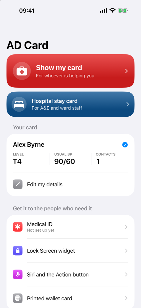 The AD Card home screen with your card, a hospital stay card and Medical ID set-up